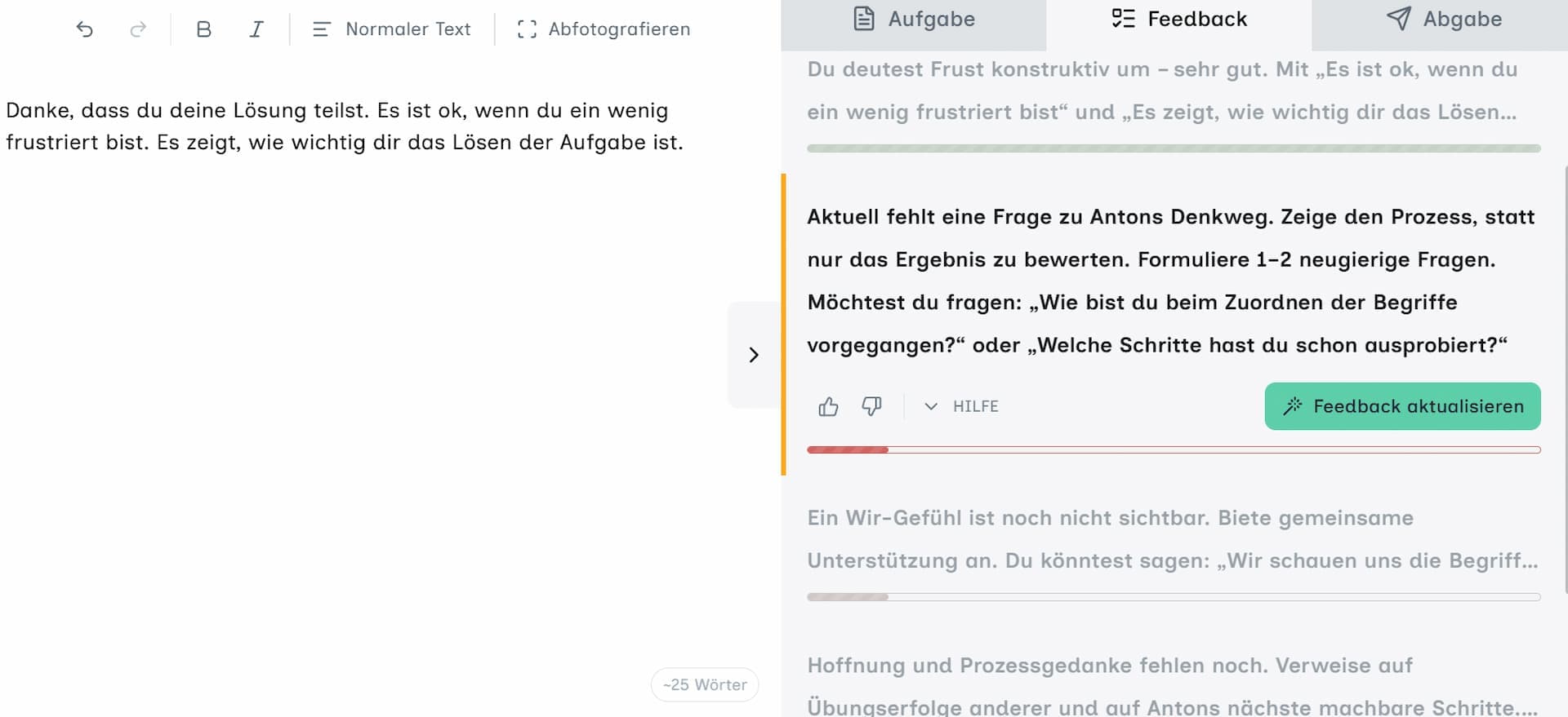 Abbildung 3: Analyse der einzelnen Kriterien mit potenziellen Verbesserungsvorschlägen, hier Kriterium Denkweg verstehen