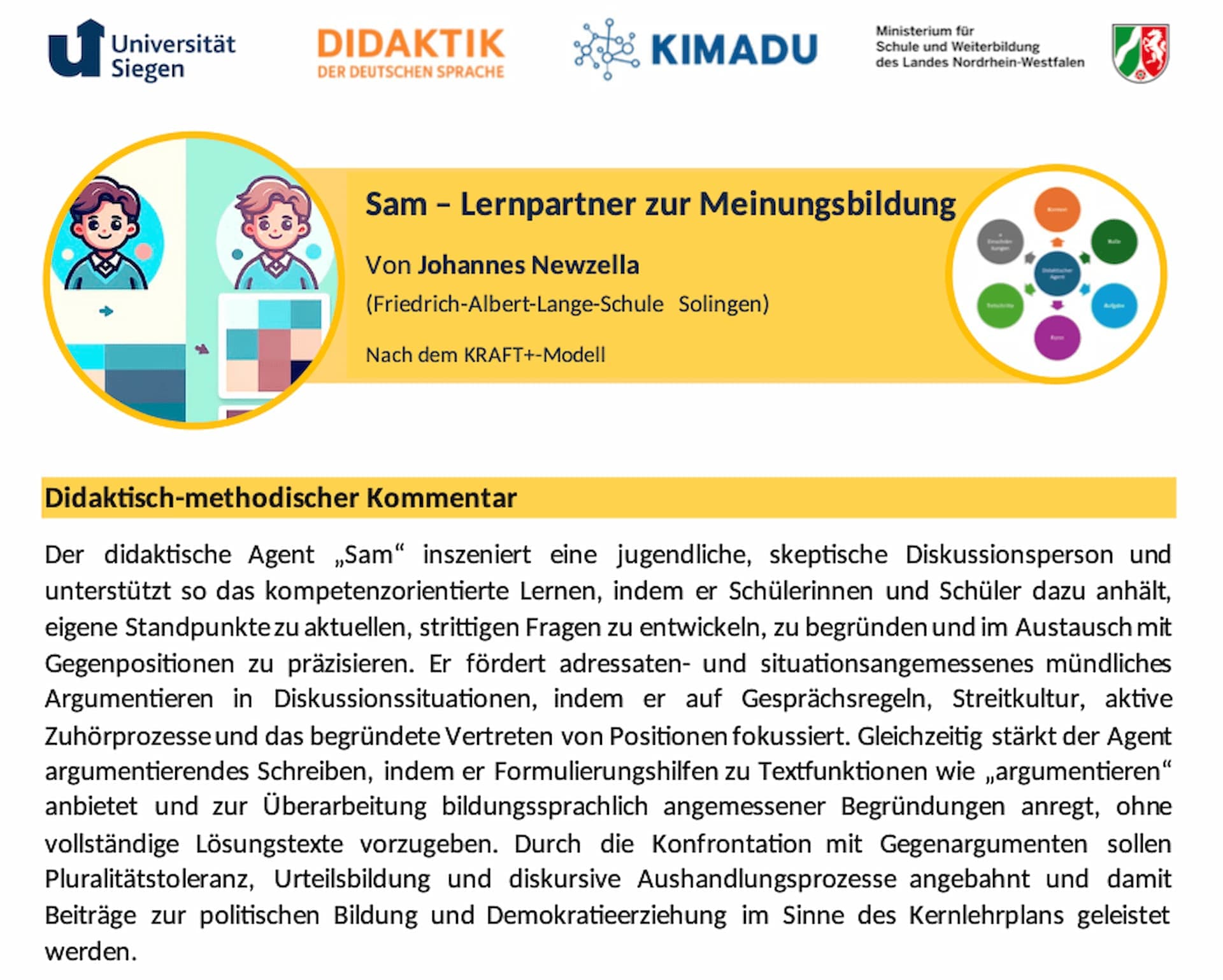 Abb. 4: Auszug aus einem Steckbrief für den didaktischen Agenten „SAM – Lernpartner zur Meinungsbildung“