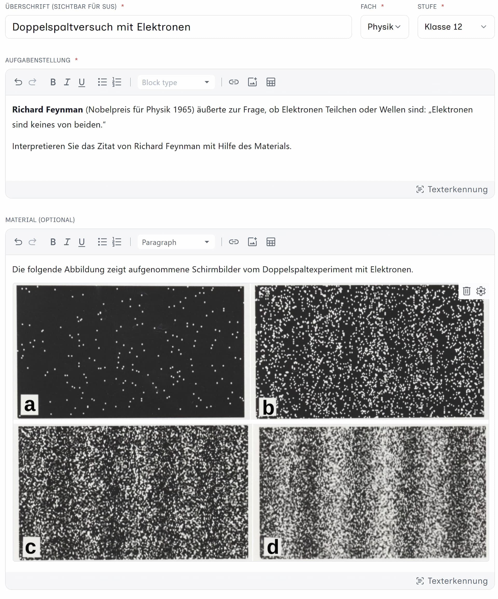 Abbildung 1: Dopplerspaltversuch mit Elektronen (Die im Materialfenster verwendete Abbildung ist unter der Creative-Commons-Lizenz „Namensnennung – Weitergabe unter gleichen Bedingungen 3.0 nicht portiert“ lizenziert. Urheber Dr. Tonomura and Belsazar, https://de.m.wikipedia.org/wiki/Datei:Double-slit_experiment_results_Tanamura_four.jpg)