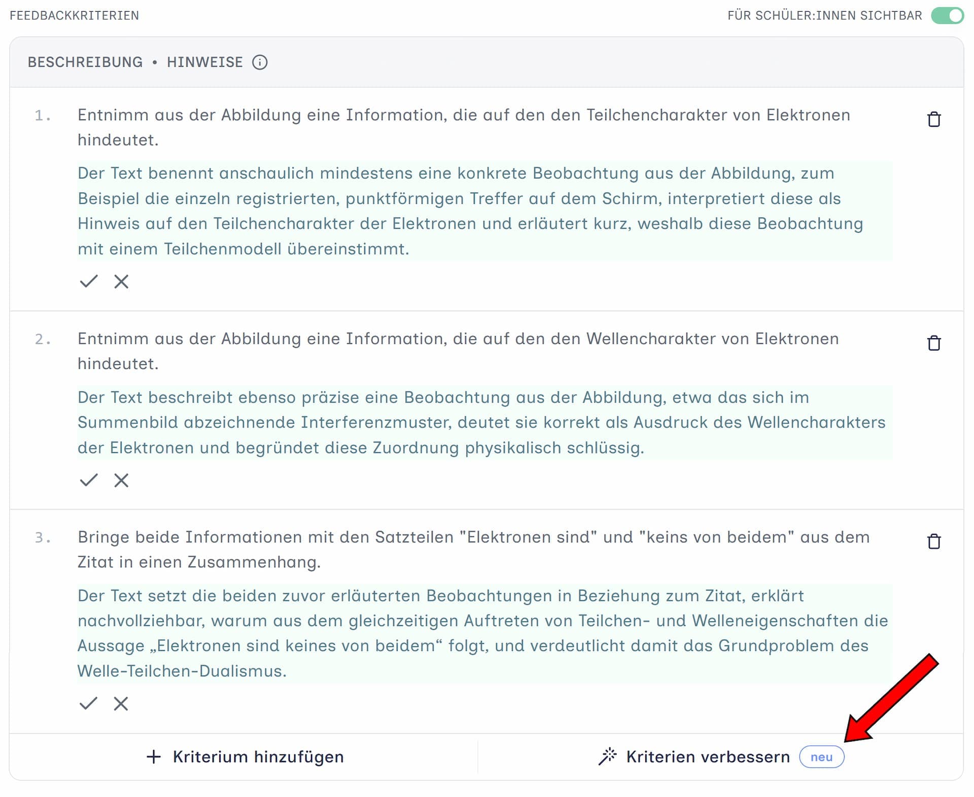 Abbildung 2: Feedback-Kriterien mit KI-Unterstützung verbessern